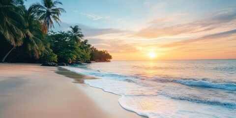 Wall Mural - Breathtaking beach sunset with palm trees, serene waves, and vibrant colors reflecting on calm water. A perfect tropical escape.