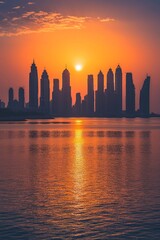 A city skyline during sunrise