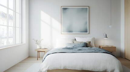 Poster - A minimalist bedroom with a large window, a white bed with blue linens, a wooden nightstand, and a gray lamp. A picture is hung on the wall above the headboard.