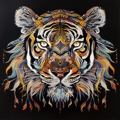  A stunning artistic representation of a tiger's face, featuring vibrant colors and intricate patterns against a black background.