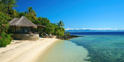 Wall Mural - tropical beach scene with clear water, sandy shore, and lush palm trees under a bright blue sky, ide
