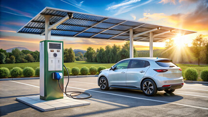 Modern Electric Vehicle Charging Station at Sunset