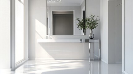 Poster - A spacious hallway showcases a stylish console table beneath a large mirror, illuminated by natural light streaming through long windows. A simple plant adds a touch of greenery to the design.