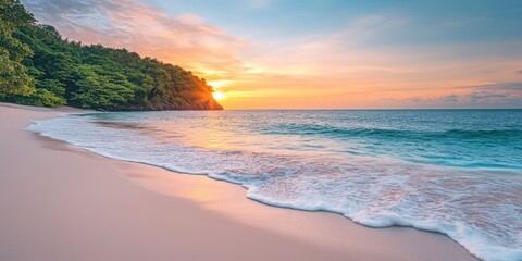 Wall Mural - A serene beach at sunset, with gentle waves lapping against the shore and vibrant colors illuminating the sky.