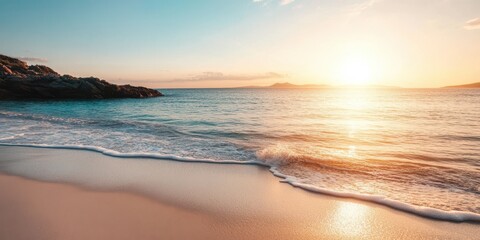 Wall Mural - a serene beach at sunset, featuring gentle waves and soft sand illuminated by the warm glow of the s