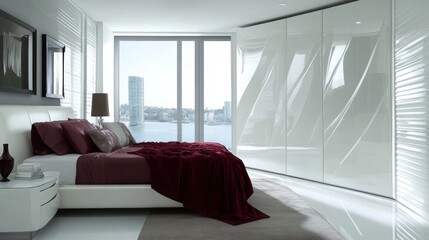 Poster - A spacious modern bedroom showcases a sleek white bed adorned with burgundy pillows and a cozy blanket. Large windows offer a beautiful waterfront view, enhancing the room's serene atmosphere.
