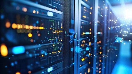 Poster - A server room showcasing data storage technology with illuminated components.