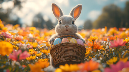 A cute Easter bunny joyfully carrying an Easter basket filled with colorful eggs and spring flowers. The bunny’s fluffy fur and cheerful expression bring a sense of joy and playfulness to the scene. T