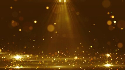 Poster - Glittering golden background with glowing light beams, sparkling bokeh particles, celebration or new year festival design.