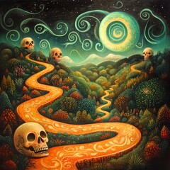 Canvas Print - Day of the Dead surrealism with glowing skulls and twisted paths.