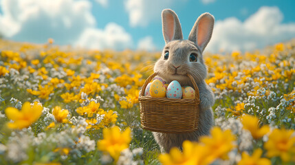 A cute Easter bunny joyfully carrying an Easter basket filled with colorful eggs and spring flowers. The bunny’s fluffy fur and cheerful expression bring a sense of joy and playfulness to the scene. T