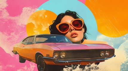 A woman in sunglasses and a patterned shirt stands in front of a vintage yellow car with a colorful retro style scene.