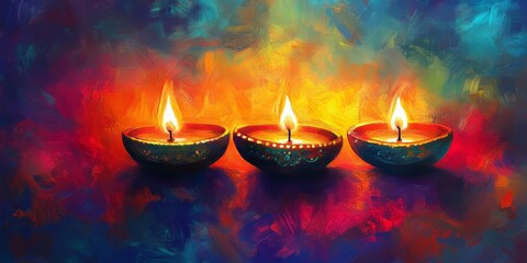 Sticker - Diwali diyas on a vibrant abstract background