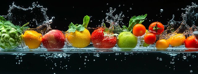 Many fruits and vegetables falling into water against black background