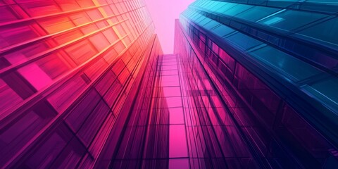 Wall Mural - Vibrant Abstract View of Modern Skyscrapers with Colorful Glass Facades Reflecting Pink and Blue Light