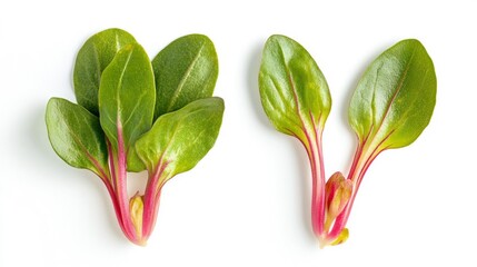 Two Purslane Leaves with Red Stems on White Background Realistic Vegetable Isolated Healthy Organic Food Fresh Greens. Generative AI