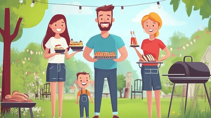 Poster - Happy family at party outdoor with barbecue grilling outdoor. 