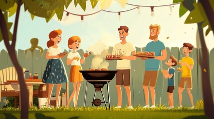 Canvas Print - Happy family at party outdoor with barbecue grilling outdoor. 