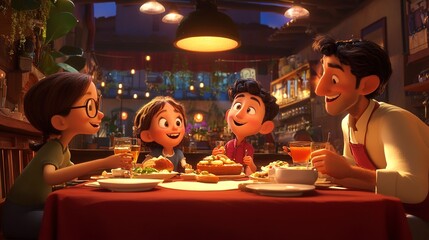 Poster - A cheerful family gathers at a restaurant, relishing a delightful meal, bonding with love and togetherness.  