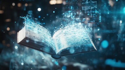Poster - a digital book floating in a futuristic environment with glowing data elements.