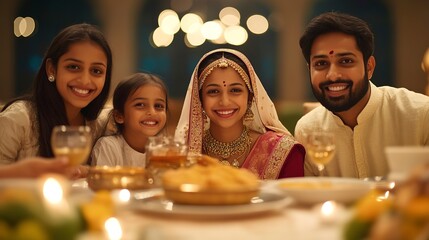 Poster - indian sikh religious family enjoying dinner on traditional festival at home 