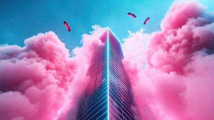 Poster - A towering skyscraper bathed in neon light, with flying cars weaving through the air, showcasing the futuristic urban landscape.