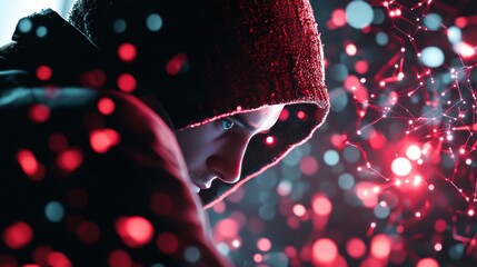 Poster - A hacker working on a computer with glowing screens, surrounded by complex wiring and circuitry, illustrating the digital underbelly of the cyberpunk world.