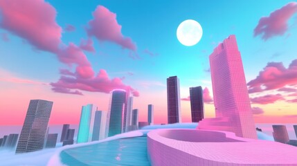 Poster - A futuristic cityscape constructed entirely within a virtual world, illustrating the boundless possibilities of the metaverse.