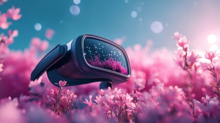 Poster - A close up of a VR headset displaying a vibrant digital landscape, highlighting the sensory experiences of virtual reality.