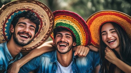 Poster - Laughing group of young adults in sombreros, celebrating friendship and Cinco de Mayo festive times 