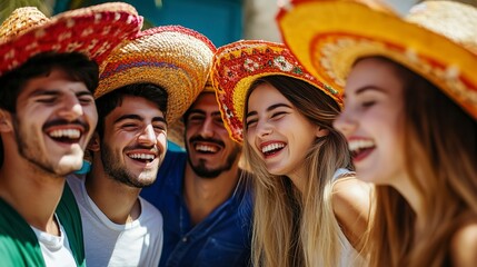 Poster - Laughing group of young adults in sombreros, celebrating friendship and Cinco de Mayo festive times  