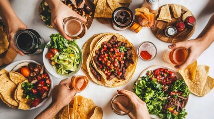 Canvas Print - Friends having Mexican Taco dinner Flatlay of beef tacos tomato salsa tortillas beer snacks and peoples hands over white table top view Mexican cuisine gathering feast comfort food 