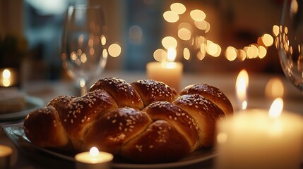 Poster - Jewish happy family have a dinner with candles and challah bread on the table, blurry background. Traditional Jewish holiday concept. 