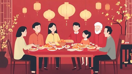 Poster - Group of multi generation Chinese family have dinner together on Chinese new year day. Chinese family visiting grandparent gather together have meal and celebrate Chinese new year. 