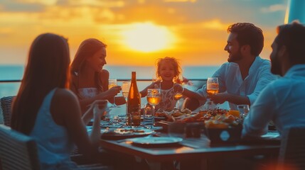 Poster - 4 Family enjoying a buffet dinner on a cruise ship, with ocean views during a summer sunset 