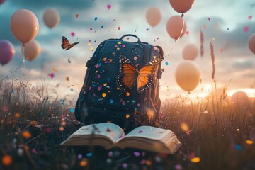 Poster - A book sitting in a green field with a butterfly perched on its cover