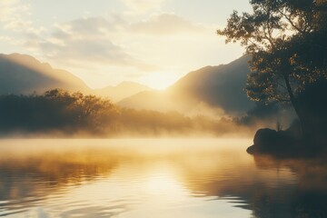 Poster - A serene sunset scene with a lake and surrounding mountains