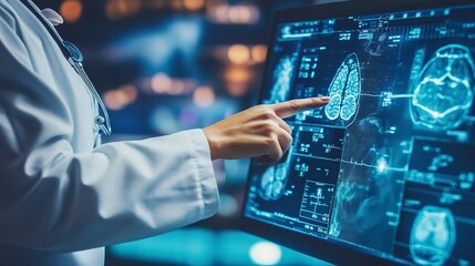 Poster - A doctor is pointing at a computer screen displaying a medical image 