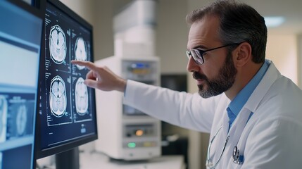 Poster - A doctor is pointing at a computer screen displaying a medical image 
