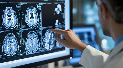 Poster - A doctor is pointing at a computer screen displaying a medical image 