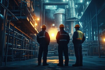 Poster - Three men in hard hats and safety vests standing together in a modern factory setting