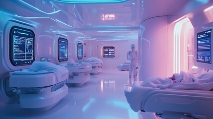 Aufkleber - Inside a high-tech maternity ward of a futuristic hospital, where expectant mothers receive care from robotic midwives and monitor their baby's progress on interactive screens 