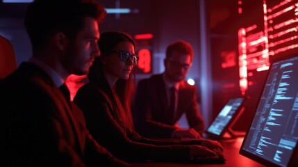 Poster - Group of people using laptops and desktops for work or personal use, possibly in an office setting