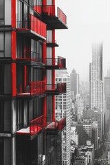 Sticker - Urban architecture, cityscape, buildings with red balconies, urban planning