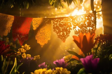 Poster - A warm and inviting scene with sunlight shining down through a canopy of trees and colorful flowers