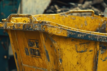 Poster - A yellow dumpster filled with various junk and debris