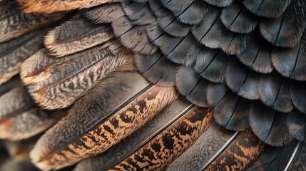 Wall Mural - Macro view of a turkey feather with intricate patterns and shading.