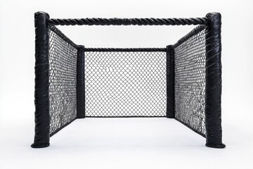 Poster - A black metal cage surrounded by a chain link fence, ideal for use in industrial or security-themed designs