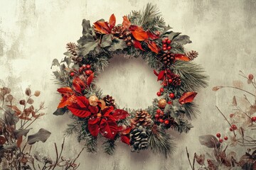 Poster - A decorative Christmas wreath made of pine cones and red berries, perfect for winter decorations or holiday gifts