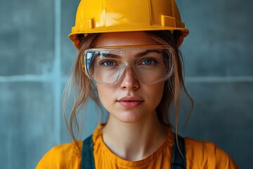 Poster - A woman wearing a hard hat and safety glasses on a construction site